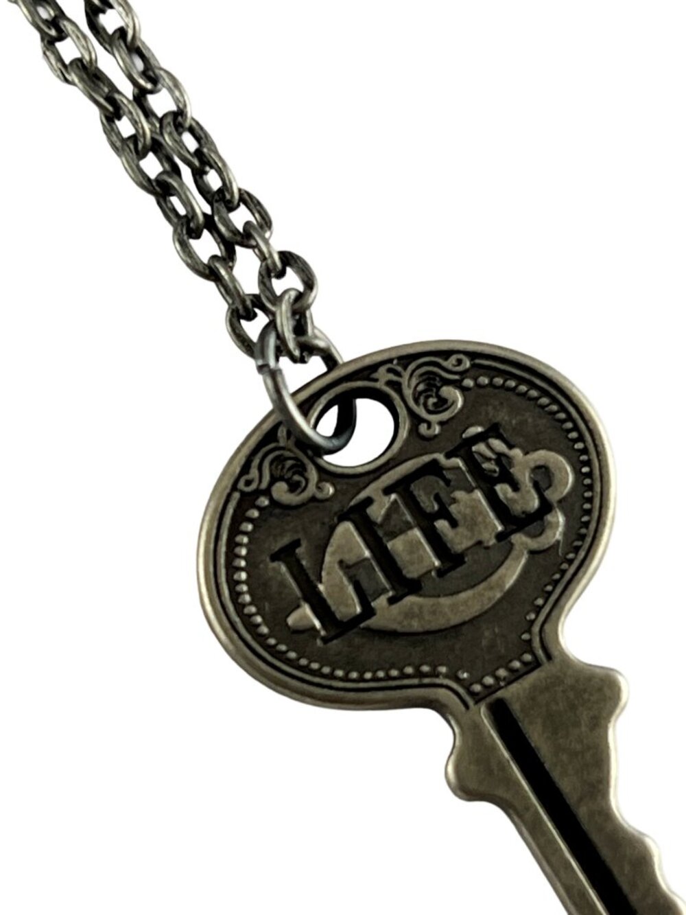 Vintage Style Key "LIFE" Minimalist Pendant Necklace — Antiqued Silver Tone